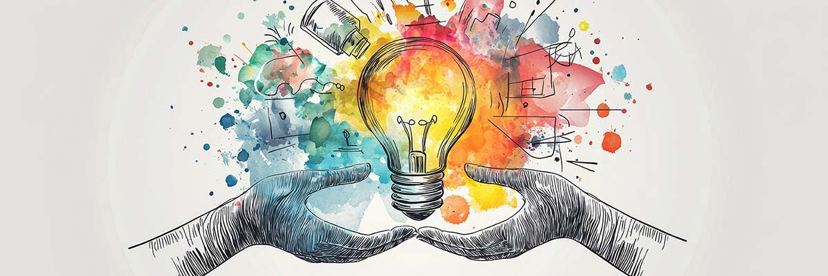 Deux mains dessinées encadrent une ampoule au cœur d’un jaillissement de couleurs et d’idées.